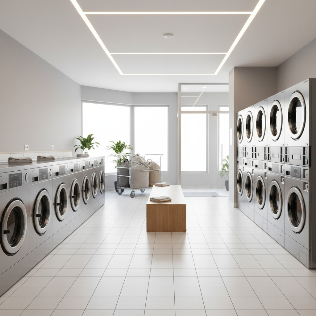 Interior moderno de lavandería con área de entrega en Madrid