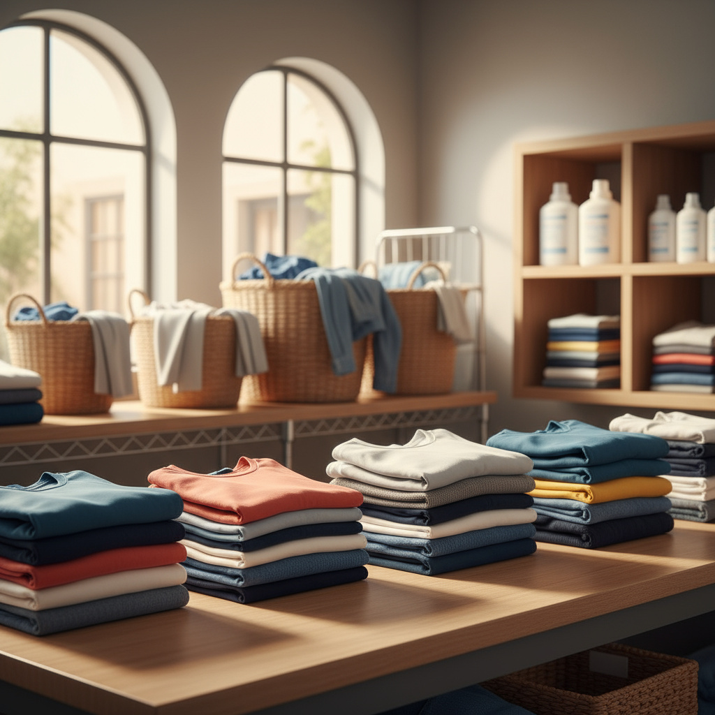 Ropa doblada cuidadosamente sobre un mostrador de madera